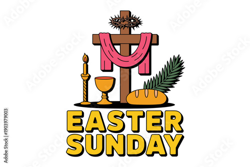 A colorful Easter Sunday icon featuring a cross, crown of thorns, pink cloth, chalice, bread, and pineapple on a white background