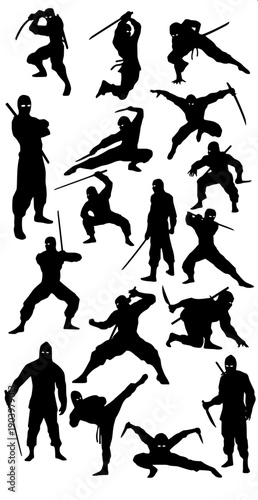Dynamic ninja action silhouette, fast running pose with trailing cloth ribbons, katana blade angled across torso, monochrome black and white vector illustration
