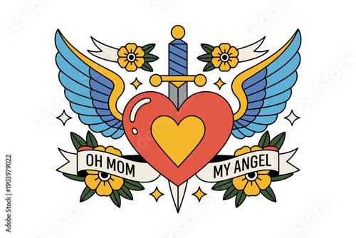 A traditional style tattoo design featuring a heart with wings and a sword