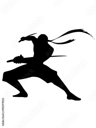 Dynamic ninja action silhouette, fast running pose with trailing cloth ribbons, katana blade angled across torso, monochrome black and white vector illustration