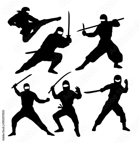 Dynamic ninja action silhouette, fast running pose with trailing cloth ribbons, katana blade angled across torso, monochrome black and white vector illustration