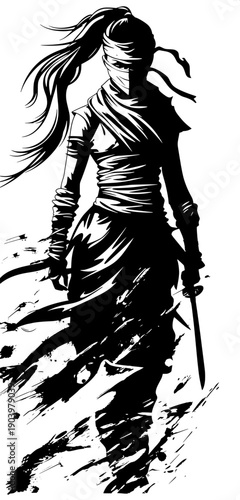Dynamic ninja action silhouette, fast running pose with trailing cloth ribbons, katana blade angled across torso, monochrome black and white vector illustration