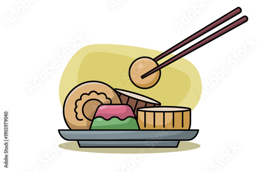 A colorful illustration of Asian dumplings on a plate with chopsticks picking up one