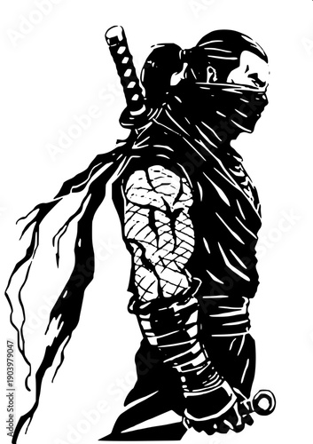 Dynamic ninja action silhouette, fast running pose with trailing cloth ribbons, katana blade angled across torso, monochrome black and white vector illustration