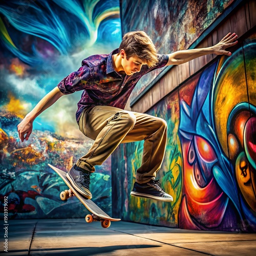 A skateboarder jumps against a backdrop of bright graffiti.