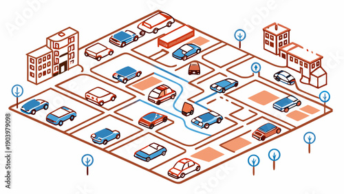 Autonomous Vehicle Network in Smart City — Isometric Connected Car Navigation System. Vector illustration of a city