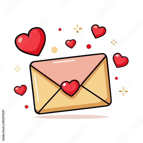 Envelope with hearts. Love envelope with red hearts - a Valentine's card illustration in a vibrant cartoon style. 