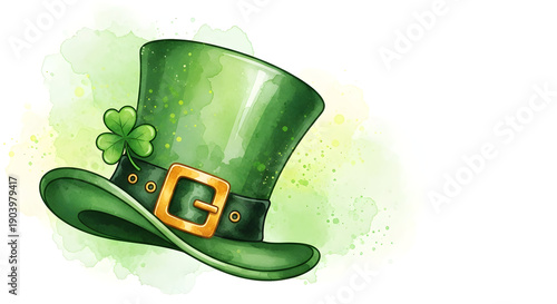 St patrick's day green top hat with shamrock and gold buckle illustration