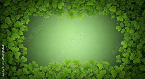 St patrick's day green shamrock border background with lucky four leaf clover frame