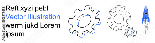 Innovation, teamwork, progress, startups, project strategy, technology. Image of interconnected gears with a rocket launching. Innovation and teamwork concept