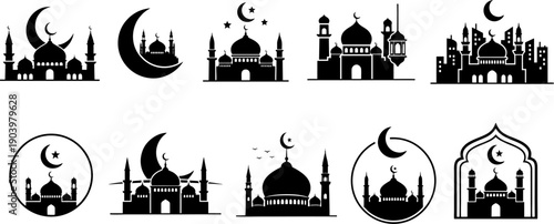 Set of Islamic mosque silhouettes and crescent moon architectural icons. Collection of various masjid domes and minarets for religious graphic design and banners