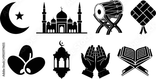 Islamic celebration element set featuring bedug drum, ketupat, dates fruit, mosque silhouette, and prayer icons in flat style for Ramadan and Eid Al-Fitr