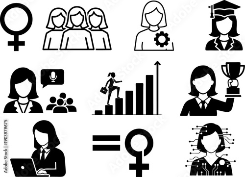 Women empowerment and career icons set featuring female leadership, education, gender equality, and professional success