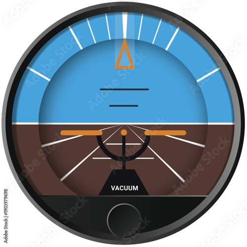Fully editable vector illustration of a classic vacuum-driven aircraft attitude indicator (artificial horizon) in Adobe Illustrator AI EPS format. Both pitch and bank angles can be easily adjusted.