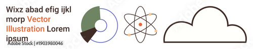 Data visualization, cloud computing, science education, technology icons, innovation concepts, data analysis. Circular chart, atom model cloud graphic. Data visualization and cloud computing