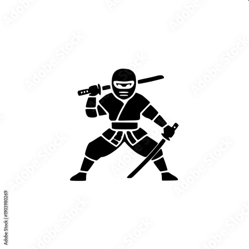 Modern ninja logo silhouette, ninja mid sprint with sword ready position, sharp angular lines suggesting speed, simple black flat vector on white background