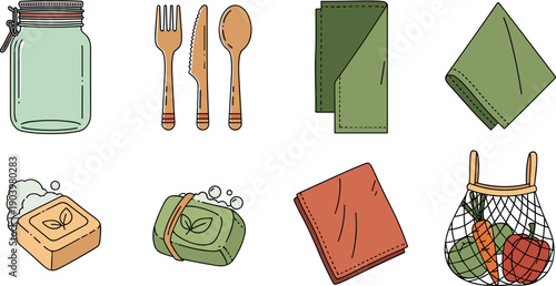 Eco Friendly Zero Waste Lifestyle Elements Set, Flat Vector Illustration Icons