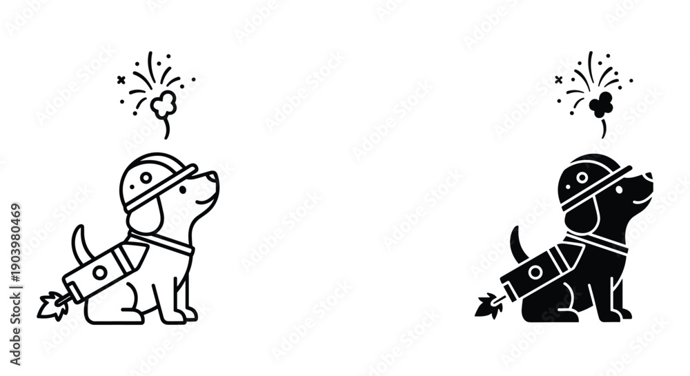 Obraz premium Two Cartoon Dogs Wearing Helmets and Harness Looking Up at Fireworks