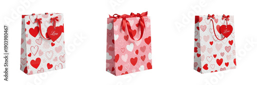 Set of pink and white gift bags with heart patterns isolated on white background