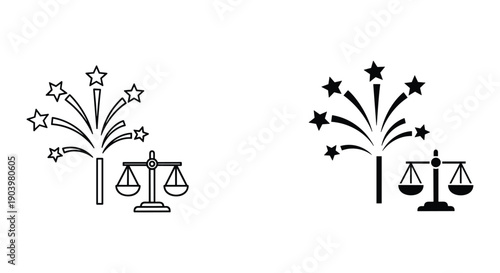 Justice Scale Symbols with Stars and Fireworks Illustration