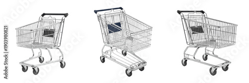 Set of empty metal shopping carts isolated on white background