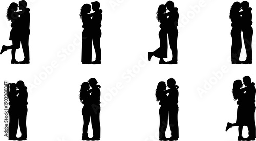 Romantic Couple in Love Silhouettes Set with Heart Shapes and Kissing Scenes, Flat Vector Illustration