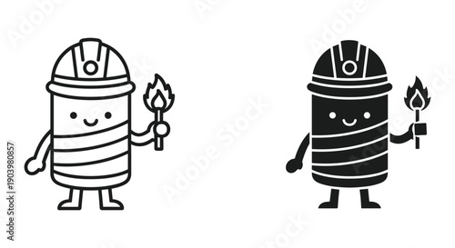 Cartoon Battery Characters Holding Torches, White and Black Illustration, Simple Design