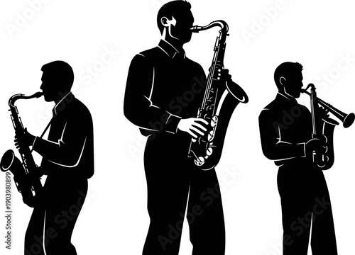 Saxophone Player Silhouette Set, Jazz Musicians Performing Music, Black and White Flat Vector Art