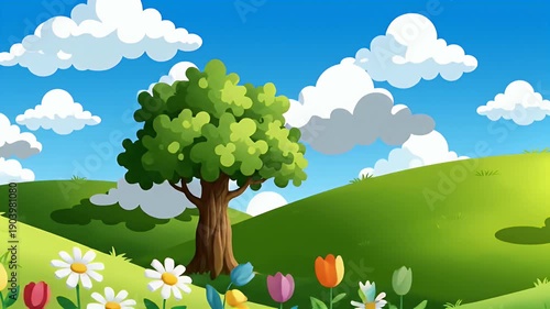 Wallpaper Mural Cartoon green hill landscape with blue sky and white clouds Torontodigital.ca