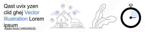 Smart home systems, connected devices, automation, time management, clean energy, futuristic homes. A house with connected icons, plants and a timer. Smart home systems and automation concept