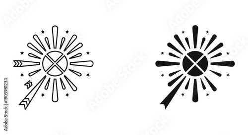 Black and White Sunburst Icon Set with Cross Symbol and Stars
