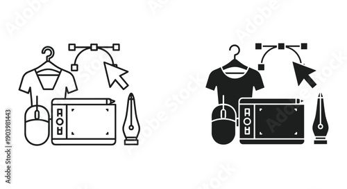 Simple black and white illustration of clothing and accessories on hangers with bags and briefcases