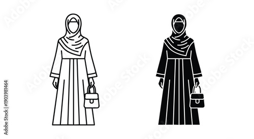 Monk and nun standing side by side in traditional robes with prayer beads minimalist illustration