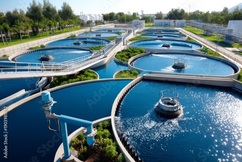 Modern Treatment Facility with Geometric Filtration Pools and Water Circulation
