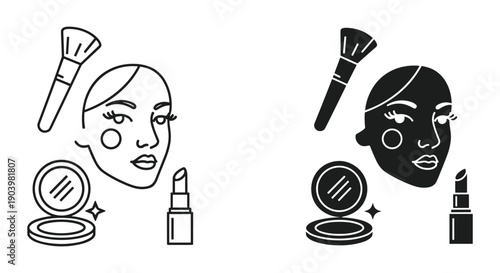 Black and white beauty routine illustration with makeup brush, lipstick, and mirror for skincare and cosmetics flat design