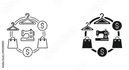 Shopping bags with dollar signs and hanger icons set for e-commerce success and retail business growth