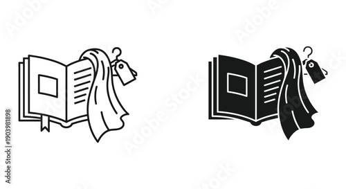 Black and White Illustration of Open Book with Hanger, Simple Design, White Background