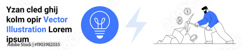 Innovation, energy solutions, financial growth, business strategy, investment potential, problem-solving. Blue lightbulb, lightning bolt man mining for coins. Innovation and energy solutions visuals