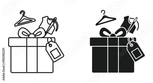 Minimalist gift box with scissors and tags on white and black background flat lay design