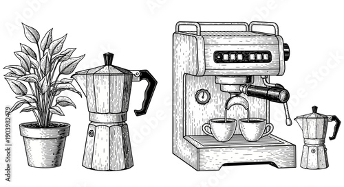 Vintage Coffee Machine and Moka Pot Engraving Style Illustration