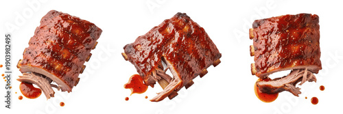 Set of grilled pork ribs with barbecue sauce isolated on white background