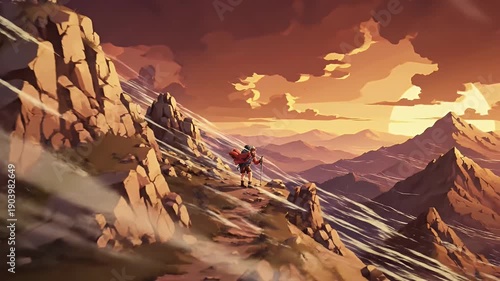 Wallpaper Mural Cartoon man with backpack trekking up rugged mountain slope Torontodigital.ca