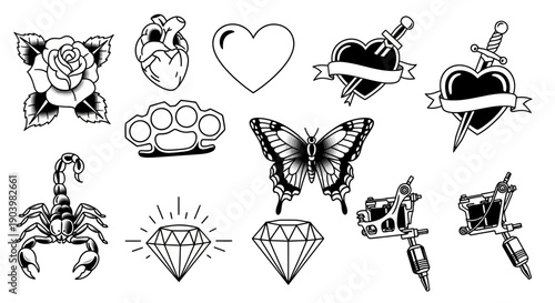 Traditional Tattoo Flash Art Set Vector Illustration Black and White