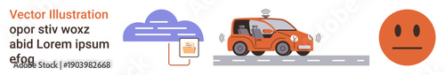 Cloud computing, autonomous cars, digital services, technology innovation, modern transportation, emotions. Connected cloud, self-driving car and neutral face emotion. Cloud computing and autonomous