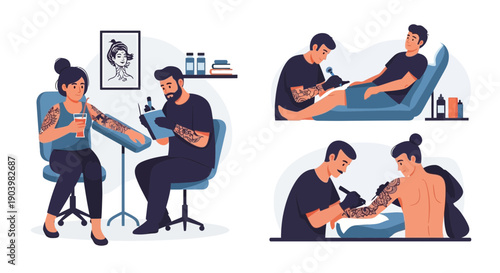 Tattoo Studio Scenes Artists and Clients Flat Vector Illustration