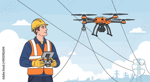 Utility worker inspecting power lines using drone technology