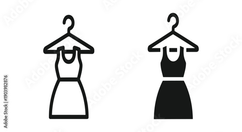 Minimalist black and white dress and top hangers fashion flat lay design clothing template vector illustration