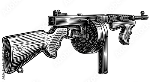 Vintage Thompson Submachine Gun Tommy Gun Woodcut Illustration