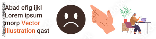 Emotional expression, workplace productivity, remote work, communication, gesture meaning, creative text. Sad face icon, hand gesture and man on laptop with plants nearby. Emotional expression