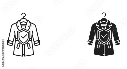 Stylish trench coat illustration on hanger with shield logo, black and white versions